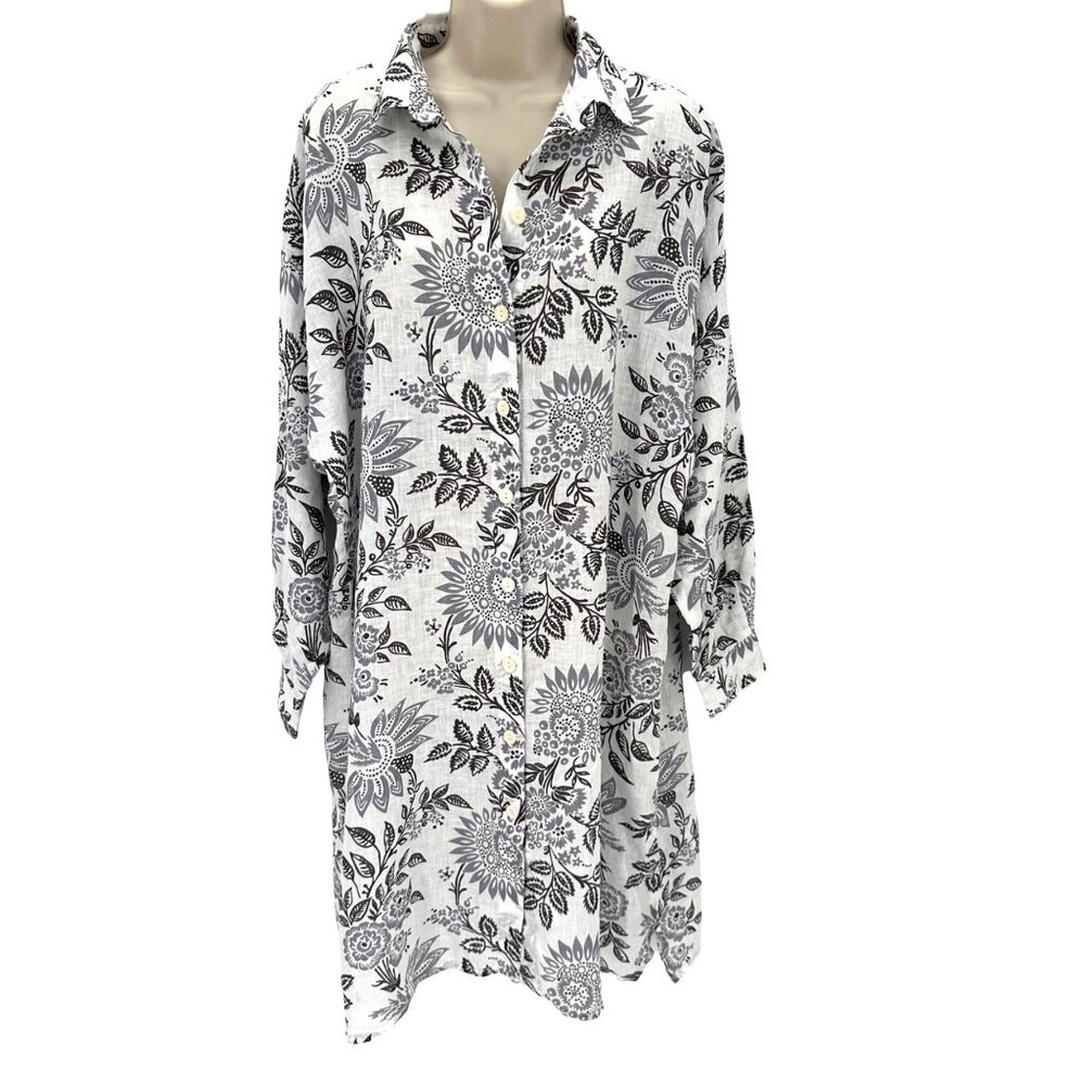 NWOT Flax Womens Oversized 100% Linen Floral Gray White Button-Up Tunic Dress S